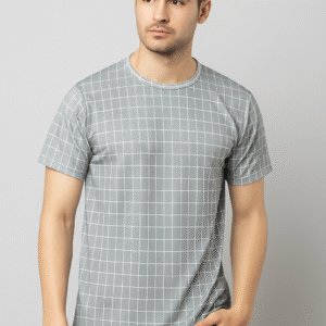 Men’s Stylish Checkered T-Shirt – Grey, Green & Red | Casual Slim Fit Tee