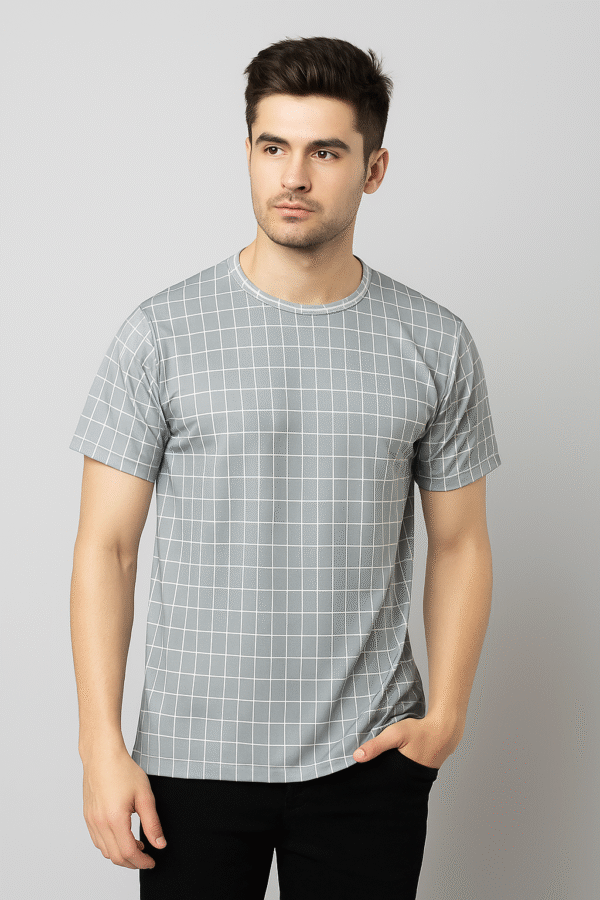 Men’s Stylish Checkered T-Shirt – Grey, Green & Red | Casual Slim Fit Tee
